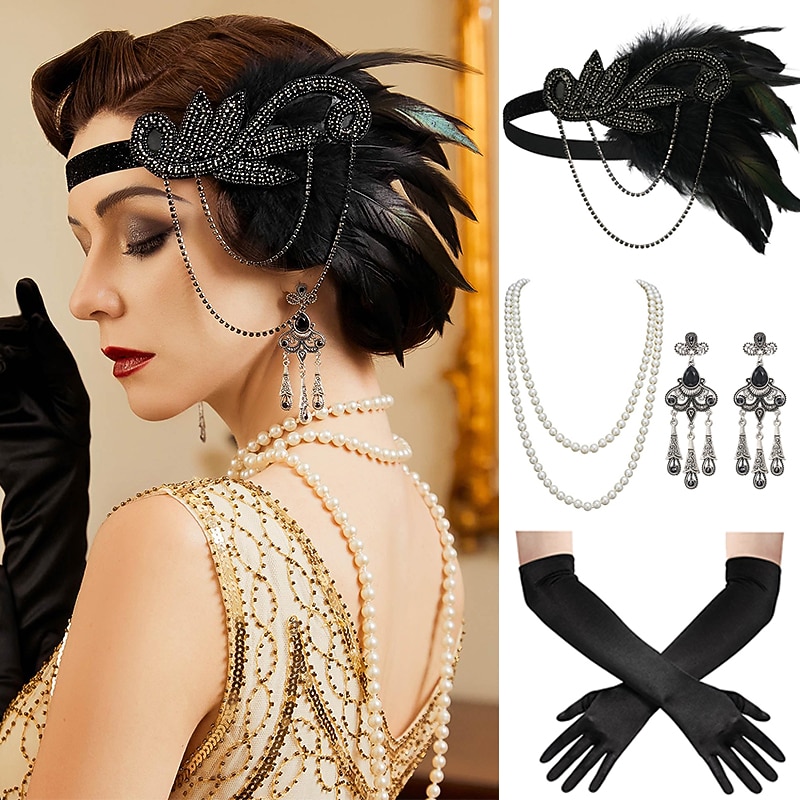 1920s Flapper Headband Feather Accessories Set for Women 4 PCS Roaring 20s Great Gatsby Faux Pearl Necklace Gloves Earrings Masquerade Halloween Carnival