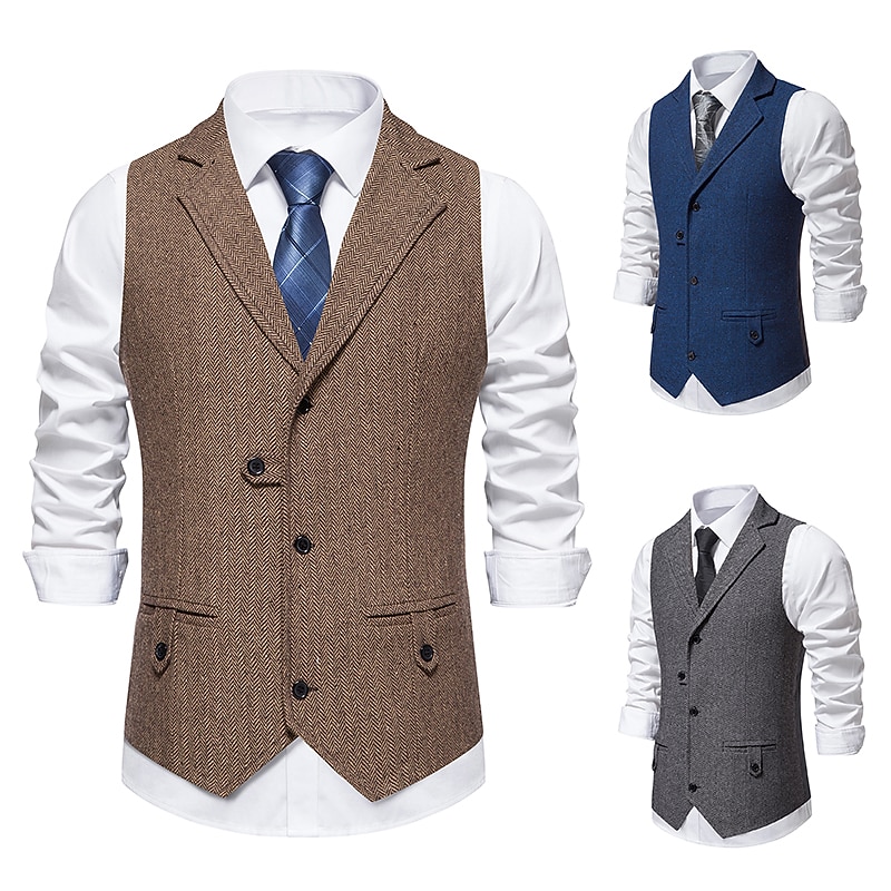 Men's Vest Waistcoat Business Evening Party Valentine's Day Vintage Fashion Spring &  Fall Button Polyester Comfortable Plain Single Breasted Lapel Regular Fit Blue Dark Gray Brown Vest2