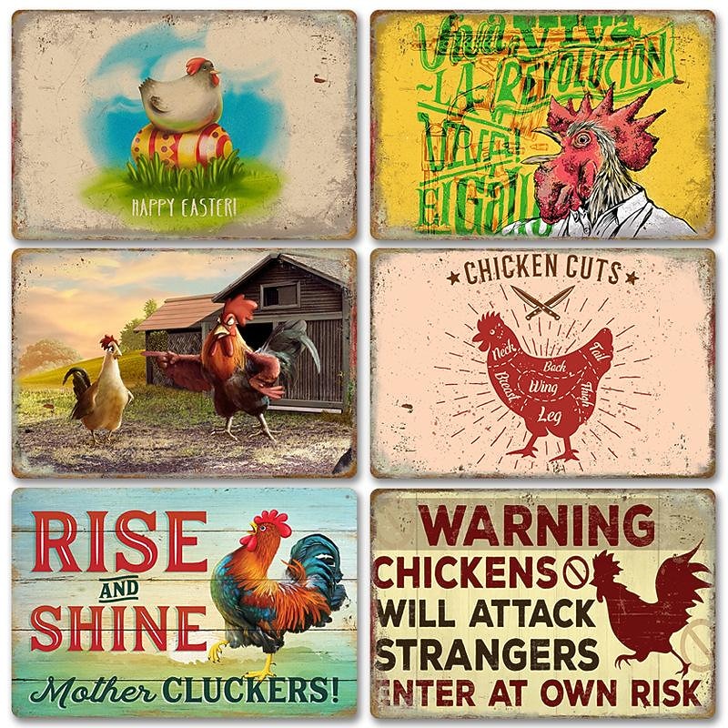 1pc Farm Metal Tin Sign Chicken Hen Tin Sign Vintage Kitchen Signs Wall Decor, Painting Wall Hanging for Restaurant Decor Bar Decor Home Decor Wall Art Metal Tin Sign 20x30cm/8''x12''