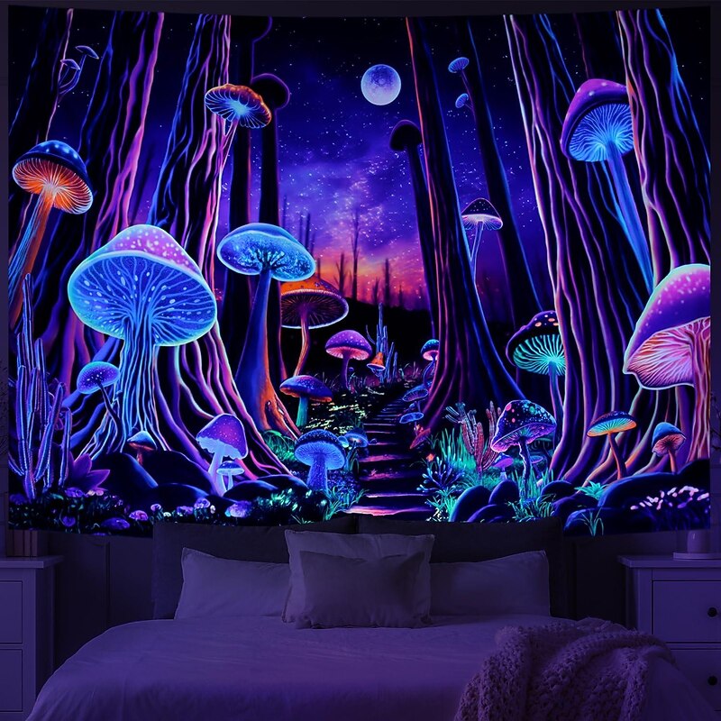Mushroom Fantasy Blacklight Tapestry UV Reactive Glow in the Dark Glow Party Trippy Misty Nature Landscape Hanging Tapestry Wall Art Mural for Living Room Bedroom2