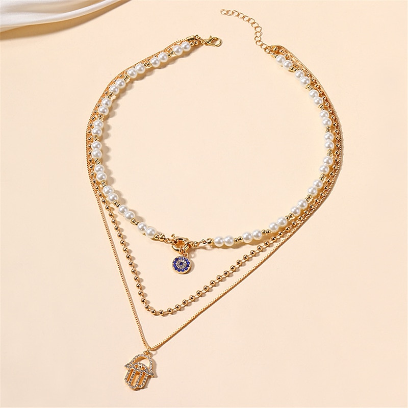 1PC Statement Necklace Layered Necklace For Women's Multicolor Party Evening Daily Birthday Party Crystal Imitation Pearl Alloy Eyes Hand2