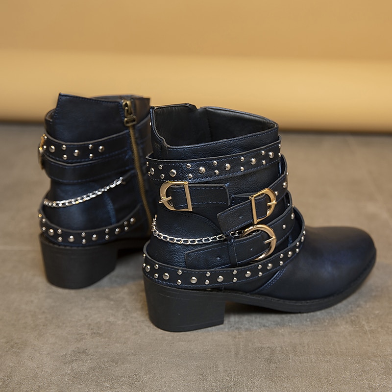 Women's Black Studded Ankle Boots with Multiple Buckle Straps - Edgy Design for Casual and Night Out Looks2