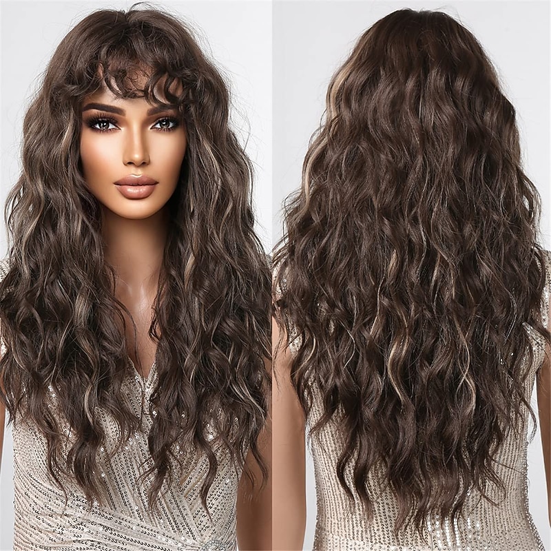 Long Brown Hightlight Curly Wigs For Black Women Brown Mixed Blonde Water Wave Wig With Bangs Natural Looking