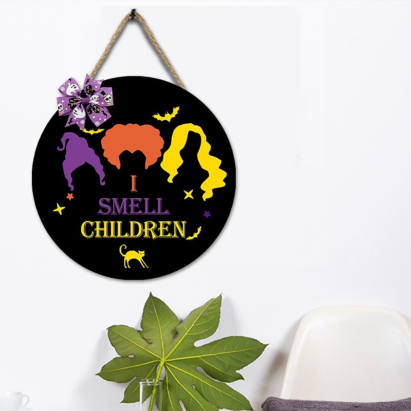 Halloween Door Sign Hocus Pocus Decor - I Smell Children Wall Decor - Wooden Door Hangers Wreath with Bow for Halloween Decorations Indoor Party Supplies2