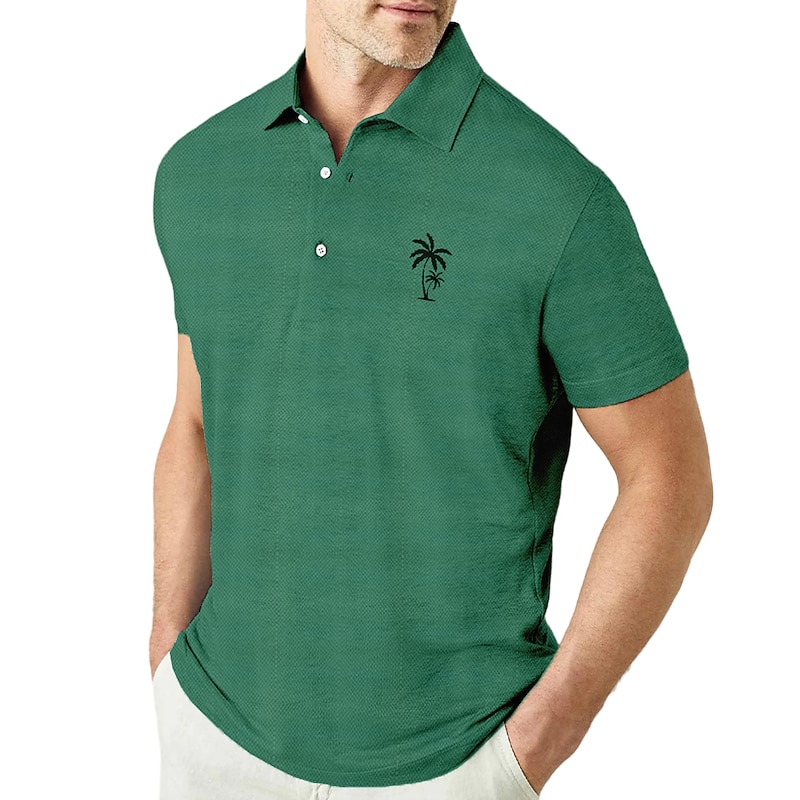 Men's Coconut Tree Graphic Prints Polo Shirts Lapel Polo Graphic Polo Button Up Polos Cotton Polo Shirt Short Sleeve Shirt Turndown Outdoor Street Black White Pink Navy Blue Blue Print Clothing4