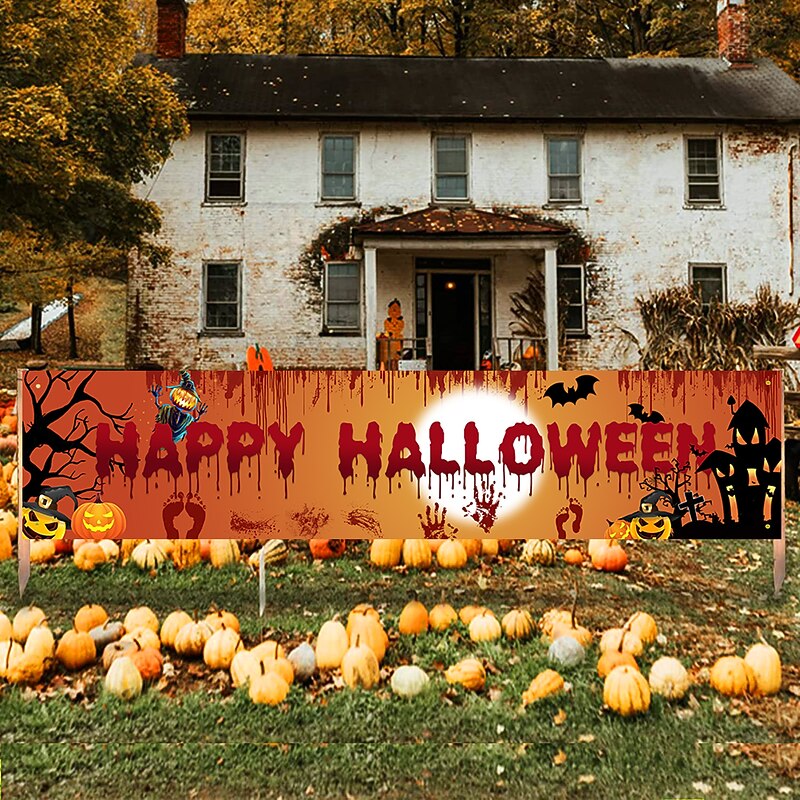 Halloween Banner Decoration Outdoor Banner Hanging Banner Front Door Porch Courtyard Sign Indoor Home Wall Decoration Halloween Party Welcome Sign4