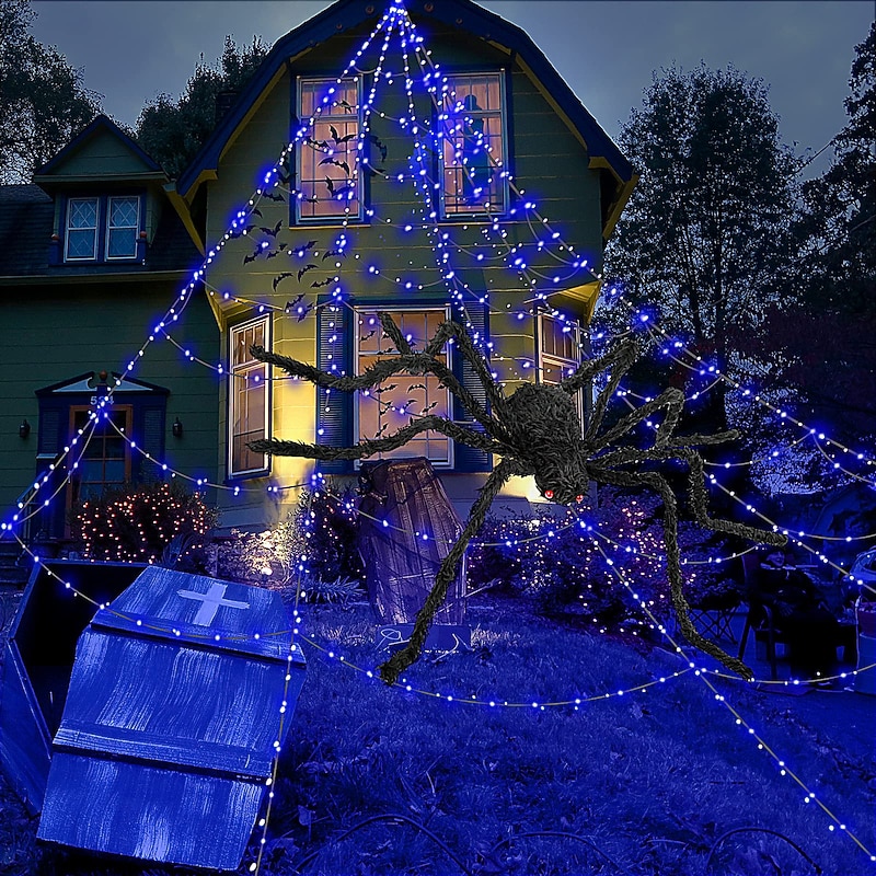 Halloween Decorations Huge Spider Web Lights Up with 400 LED Purple Lights Spider Webs for Halloween Decoration Indoor and Outdoor Party Haunted House Decorations