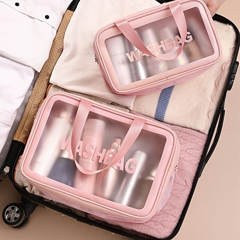 Pink Transparent Travel Wash Bag - Waterproof Makeup Organizer with Handle, Ideal for Toiletries and Cosmetic Storage2