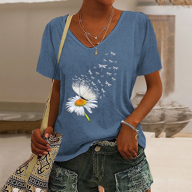 Women's T Shirt Butterfly Dandelion Basic Short Sleeve V Neck Regular Tops Weekend Print Black Pink Blue Purple Green Summer4