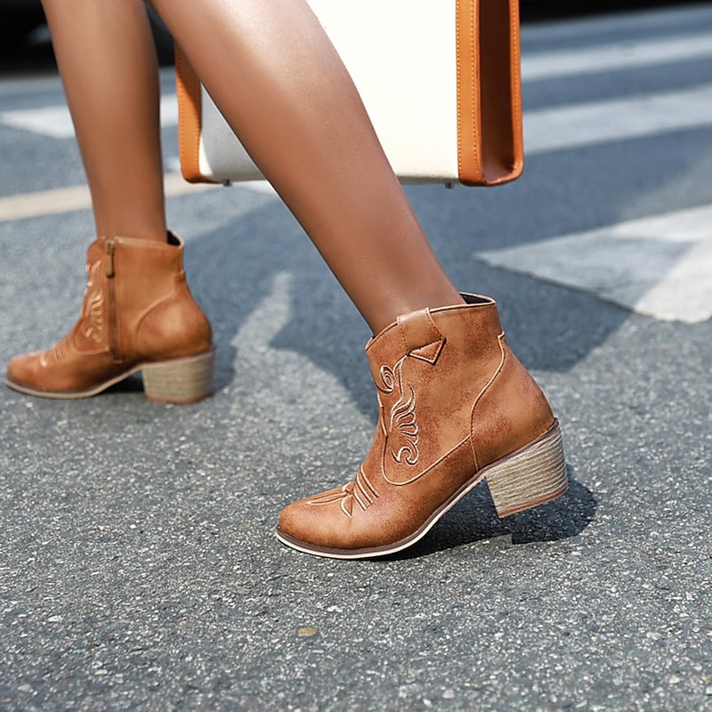 Women's Brown Faux Leather Western Ankle Boots with Embroidered Details, Vintage Style Cowboy Boots for Rodeo and Casual Wear3
