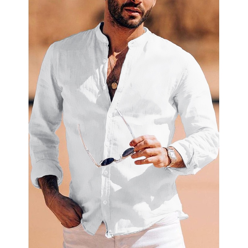 Men's Cotton Linen Shirt Chinese Collar Shirt Mandarin Collar Shirt Plain Vacation Beach White Blue Long Sleeve Grandad Collar Spring & Summer Clothing Apparel2