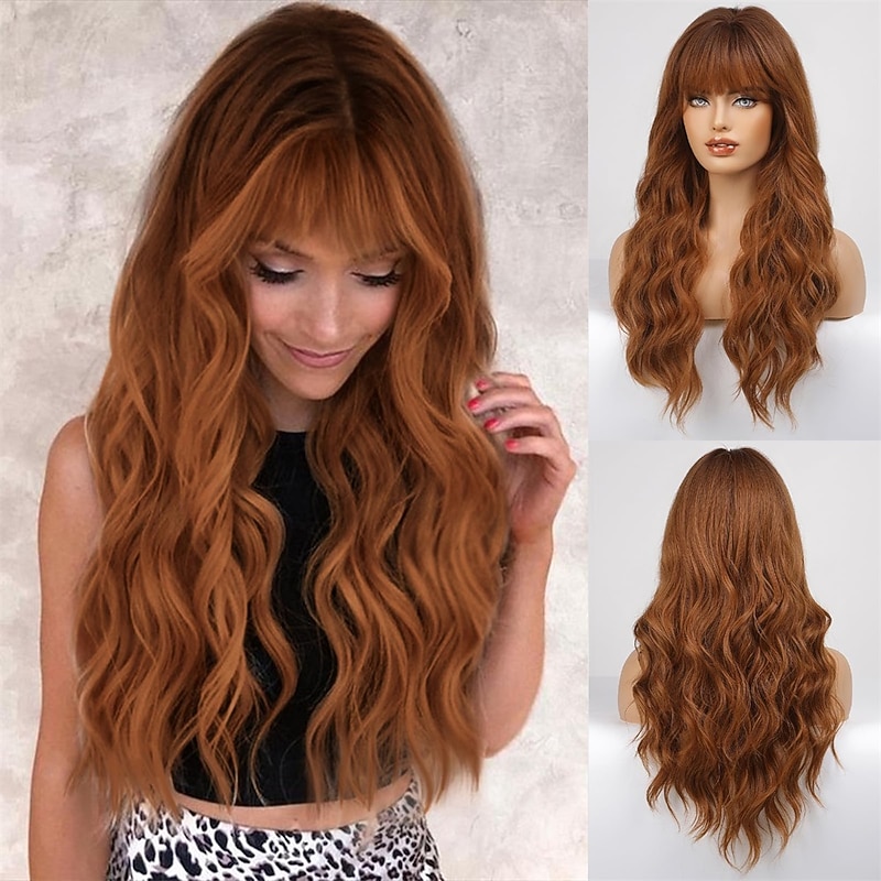 Ombre Auburn Wig with Bangs Long Curly Wig with Bangs orange wig Natural Appearance Heat-Resistant Synthetic Wig Suitable for Fashionable Women