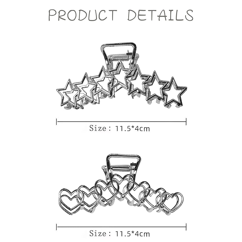 1PC Y2k Metal Hair Claw Clips Star Heart Hair Clips for Women Big Nonslip Design Claw Hair Clips for Thick and Thin Hair Stitching Silver Large Hair Accessories for Women and Girls.2