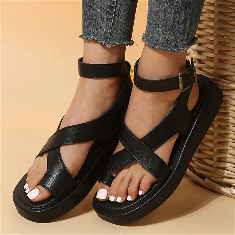 Women's Black Open Toe Sandals with Crisscross Straps and Ankle Buckle, Comfortable Flat Sole Summer Shoes for Walking, Travel, and Casual Wear4