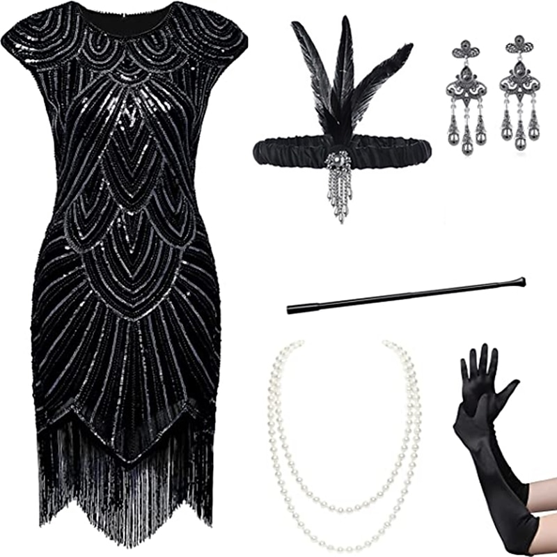 Roaring 20s Vintage Inspired The Great Gatsby Outfits Party Costume Masquerade Sleeveless The Great Gatsby Wedding Guest Sequins Tassel Fringe Sequin Tassel Round Neck Fancy Dress Women's Halloween