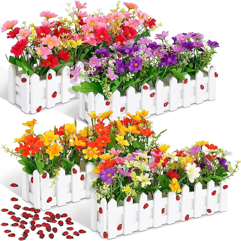 Artificial Flower Plants - Mixed Color Daisies In Picket Fence Pot For Indoor Office Wedding Home Decor,Fake Flowers For Wedding Arch Garden Wall Home Party Hotel Office Arrangement Decoration