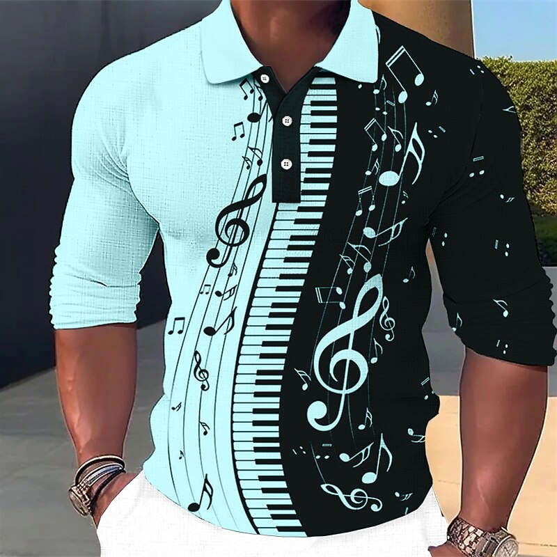 Music Festival Men's Music Hawaiian Polo Shirts Golf Shirt Long Sleeve Polo Shirts Collared Shirts Casual Beach Wear Vacation Wear Party Outfits 3D Print Buttons White Blue Green3
