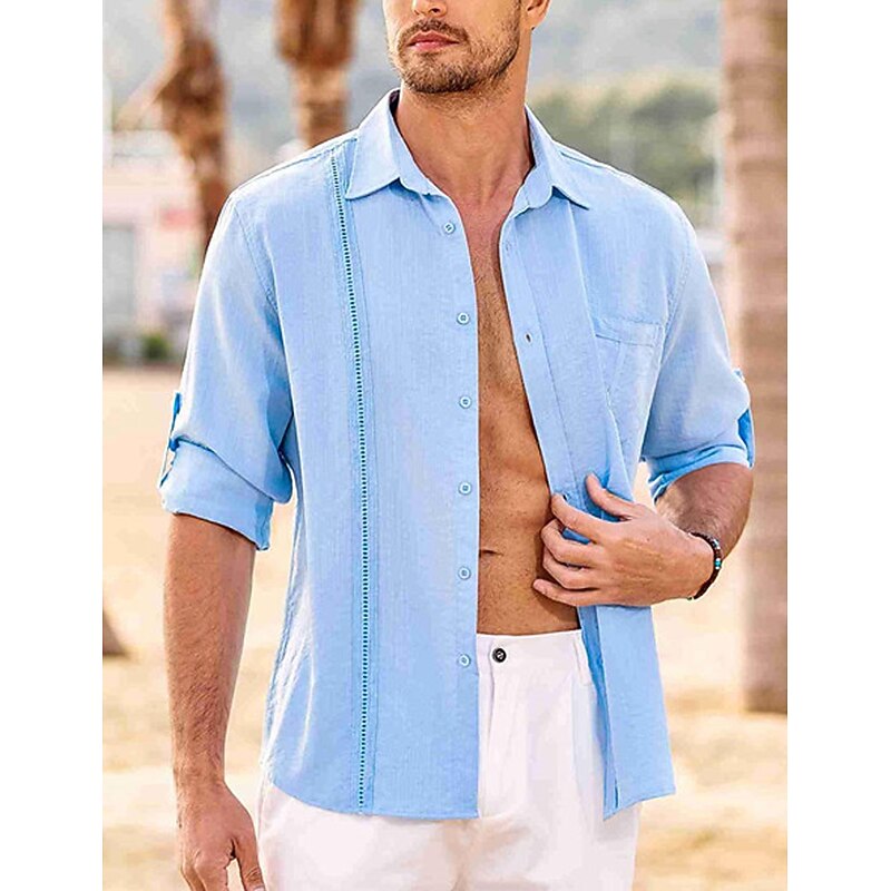 Men's Shirt Guayabera Shirt Linen Shirt Button Up Shirt Summer Shirt Beach Shirt Black White Navy Blue Long Sleeve Plain Turndown Spring & Summer Casual Daily Clothing Apparel Patchwork2