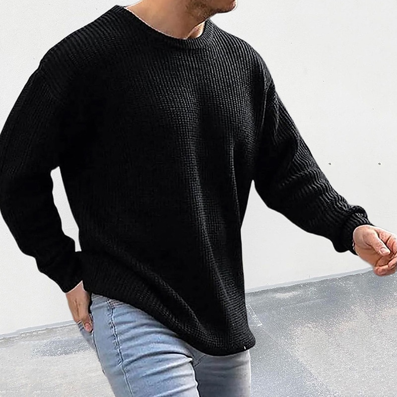Men's Pullover Sweater Jumper Ribbed Crochet Knit Regular Knitted Solid Color Crew Neck Modern Contemporary Work Daily Wear Clothing Apparel Winter Black White M L XL3