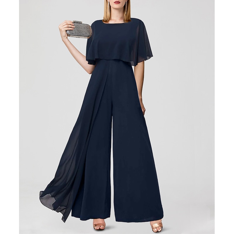 Jumpsuits Wedding Guest es Elegant  Formal Wedding Floor Length Short Sleeve Jewel Neck Chiffon with Fringe free custom size