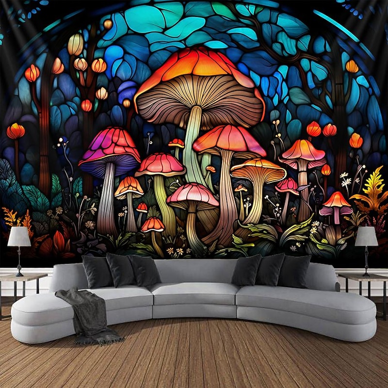 Stained Glass Mushroom Hanging Tapestry Wall Art Large Tapestry Mural Decor Photograph Backdrop Blanket Curtain Home Bedroom Living Room Decoration