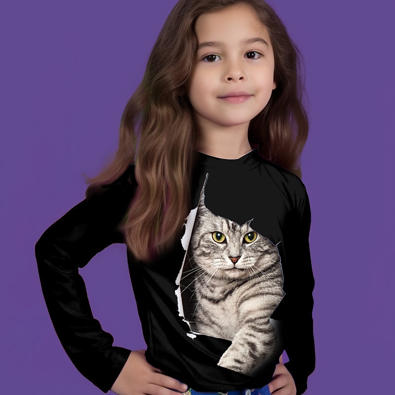 Girls' 3D Animal Cat T shirt Long Sleeve 3D Print Fall Winter Active Fashion Daily Kids 3-12 Years Outdoor Daily Regular Fit2