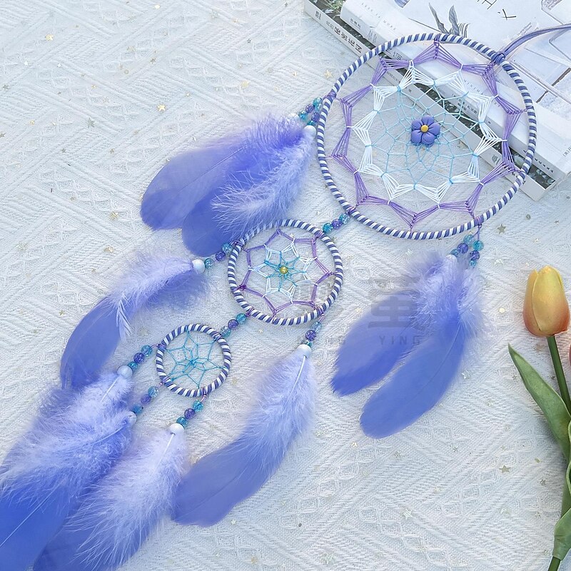 Blue Dream Catcher Handmade Gift Feather Hook Flower Wind Chime Ornament Wall Hanging Decor Art Boho Style 69x16cm/27''x6.3''3