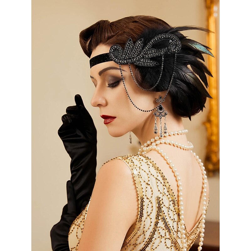 1920s Flapper Headband Feather Accessories Set for Women 4 PCS Roaring 20s Great Gatsby Faux Pearl Necklace Gloves Earrings Masquerade Halloween Carnival3