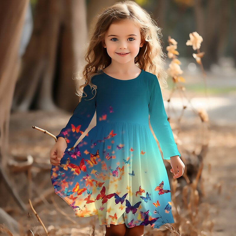 Girls' 3D Graphic Butterfly Dress Long Sleeve 3D Print Summer Spring Fall Vacation Sports & Outdoor Daily Cute Casual Beautiful Kids 3-12 Years Casual Dress A Line Dress Above Knee Regular Fit4