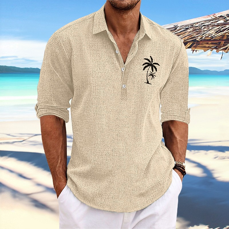 Men's Coconut Tree Tropical Plants Shirt Summer Hawaiian Shirt Aloha Shirt Long Sleeve Shirt Stand Collar Fashion Streetwear Designer Outdoor Street Casual Black Blue Khaki S M L2