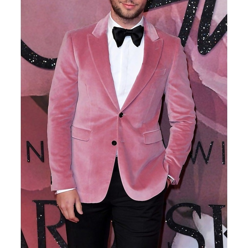 Men's Blazer Jacket Closure collar Fashion Casual Velvet Solid Colored Pink Green Tailored Fit Single Breasted Two-buttons