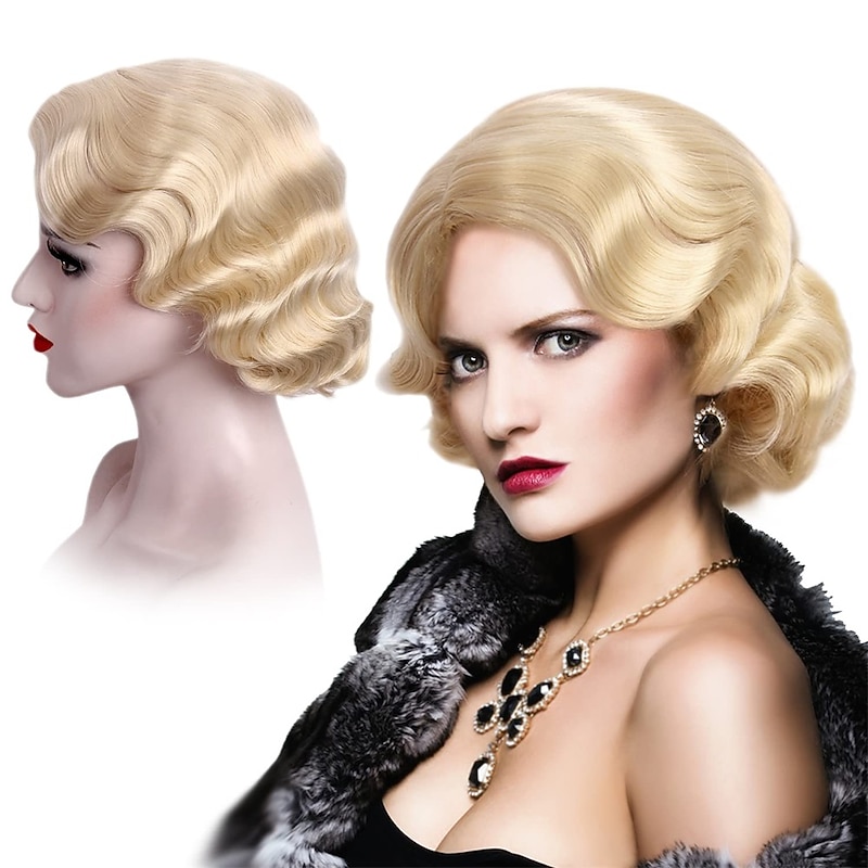 Blonde 1920s Wig for Women Short Finger Wave Party Wig Synthetic Full Vintage Wigs for Womens Lady Cosplay Costume Fancy Dress 20s Flapper Wig Halloween Wigs