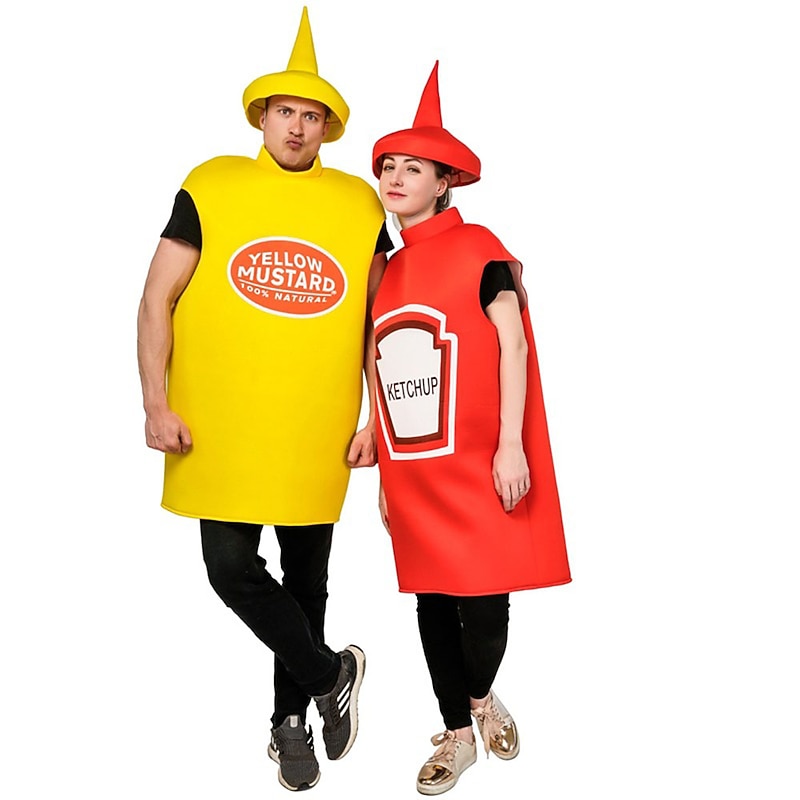 Couples Mustard Ketchup Cosplay Costume Funny Costumes Halloween Group Couples Costumes Men's Women's Movie Cosplay Cosplay Costumes Funny Costume  Onesie Hat Halloween Carnival Masquerade2