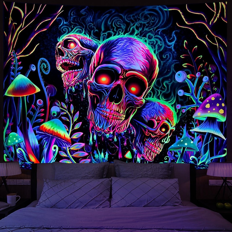 Halloween Skull Skeleton Blacklight Tapestry UV Reactive Trippy Misty Mushroom Hanging Tapestry Wall Art Mural for Living Room Bedroom  Decorations - Main Image