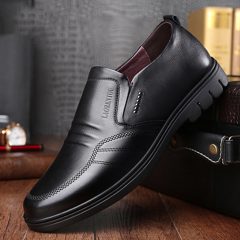 Men's Black Slip-On Faux Leather Loafers – Comfortable Business Casual Dress Shoes for Office, Travel, and Daily Wear