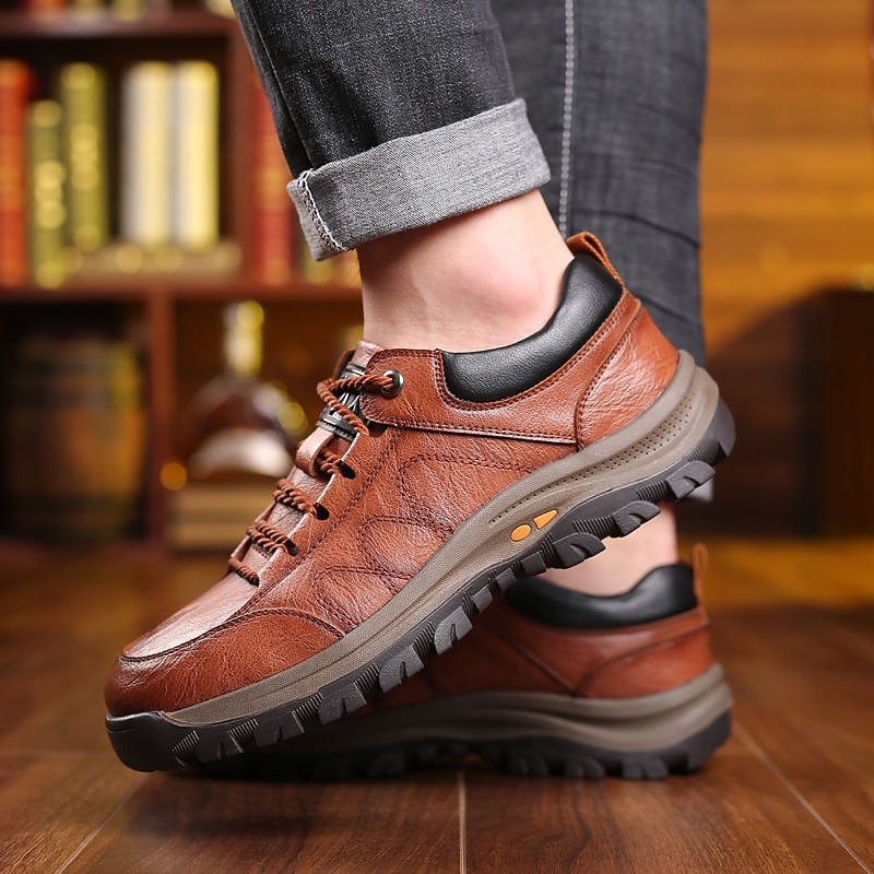 Men's Brown Faux Leather Casual Hiking Shoes with Non-Slip Sole for Outdoor and Travel2