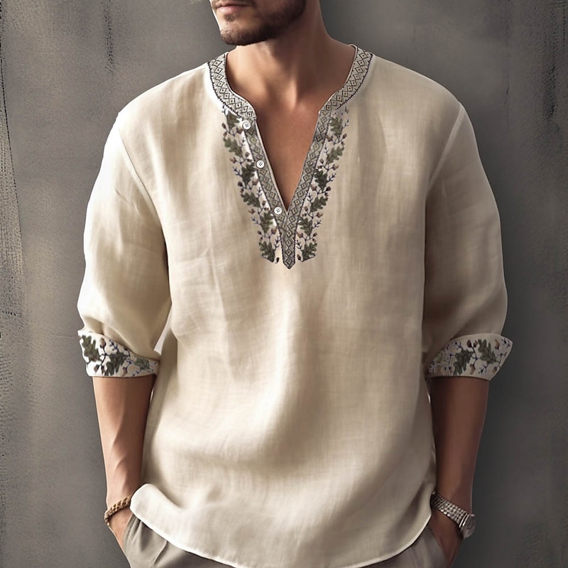 Men's Ethnic Shirt Linen Shirt Long Sleeve Fashion Streetwear Designer Outdoor Daily Going out Spring & Summer Stand Collar Print Black+Black Yellow Light Green Pink Red