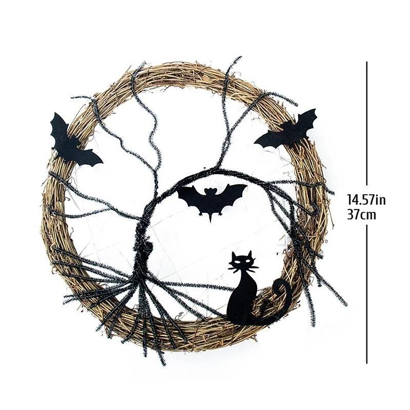 30CM Happy Halloween Decorations Wreath with LED, Light Up Black Bat Cat Wreath Pendant for Halloween Decoration Home Party Supplies4
