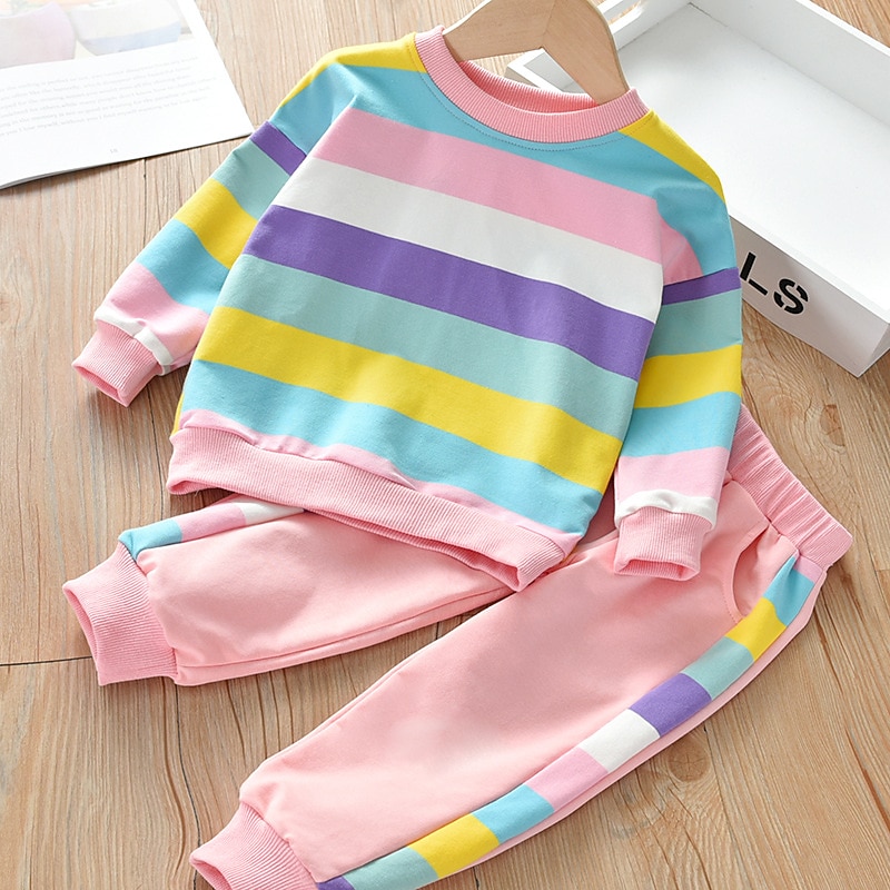2 Pieces Kids Girls' Color Block Pocket Hoodie & Sweatpants Set Set Long Sleeve Fashion Outdoor 7-13 Years Spring Pink Purple4