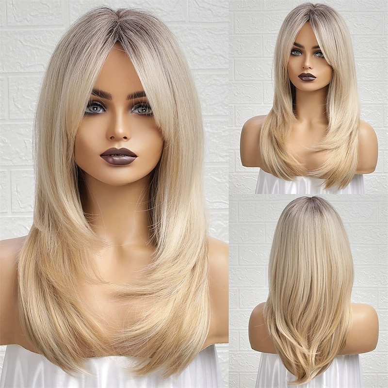 Ombre Blonde Wigs with BangsShoulder Length Ash Blonde Wig for Women Layered Wigs Dark Roots Synthetic Wigs for Daily Party 24IN Halloween Wigs