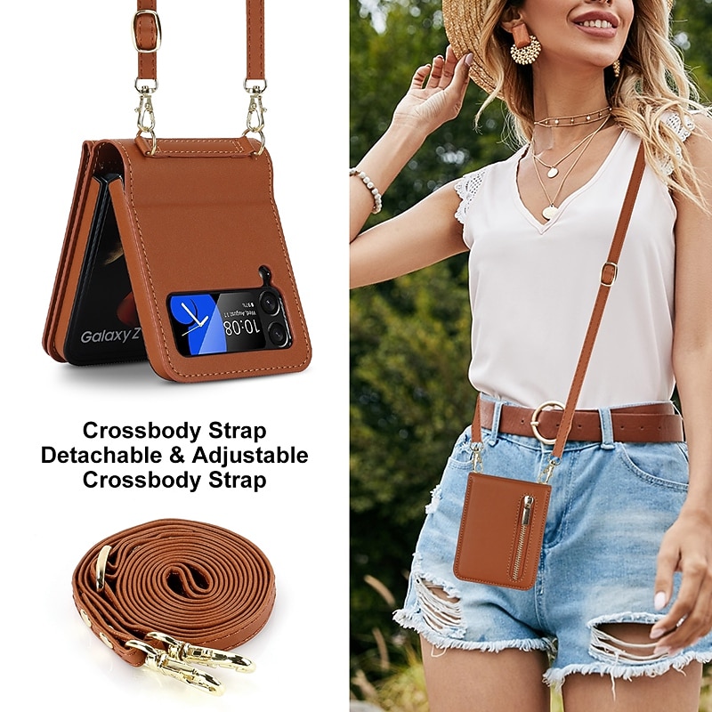 Phone Case For Samsung Galaxy Z Flip 7 Z Flip 6 Z Flip 5 Z Flip 4 Z Flip 3 Handbag Purse Wallet Case Zipper with Removable Cross Body Strap With Card Holder Solid Color PC PU Leather4