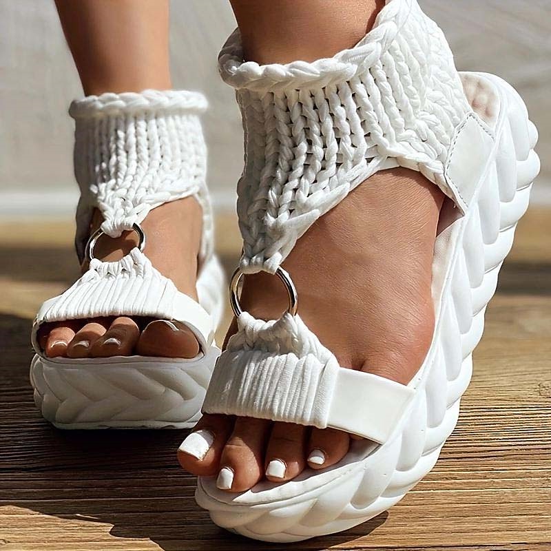 Women's Chunky Knitted Platform Sandals – Fashionable Open-Toe Wedges with Ring Detail, Perfect for Summer and Casual Wear2
