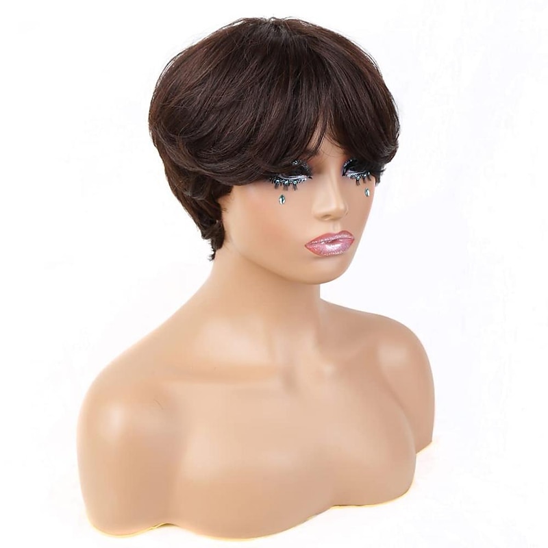Brown Bob Wig Human Hair Short Pixie Cut Wig with Bangs Layered Human Hair Wigs for Black Women #4 Chocolate Colored Straight None Lace Front Wigs 150% Density  Pre Plucked Natural Hairline3