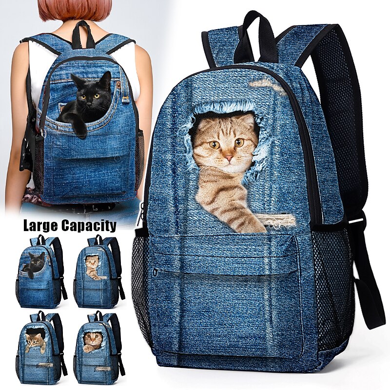 3D Cat Print Denim Backpack for Kids – Cute Animal School Bag with Large Capacity and Fun Design for Boys and Girls