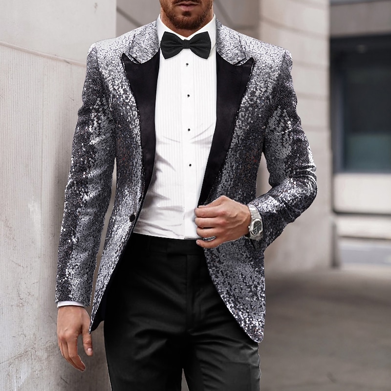 Men's Party Sequin Blazer 70s Disco Retro Casual Jacket Regular Solid Colored Single Breasted One-button Black Gold Silver Red Blue4