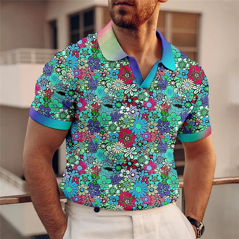 Kentucky Derby Men's Floral Hawaiian Polo Shirts Golf Shirt Short Sleeve Polo Shirts V Neck Casual Beach Wear Vacation Wear Tropical Wear Party Outfits 3D Print Blue-Green Yellow Red4