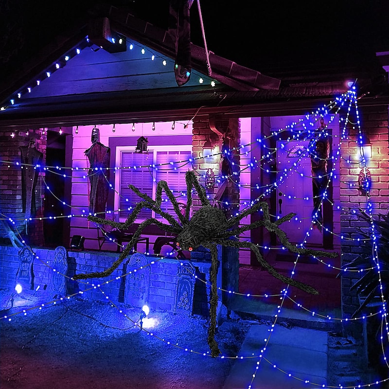 Halloween Decorations Huge Spider Web Lights Up with 400 LED Purple Lights Spider Webs for Halloween Decoration Indoor and Outdoor Party Haunted House Decorations2