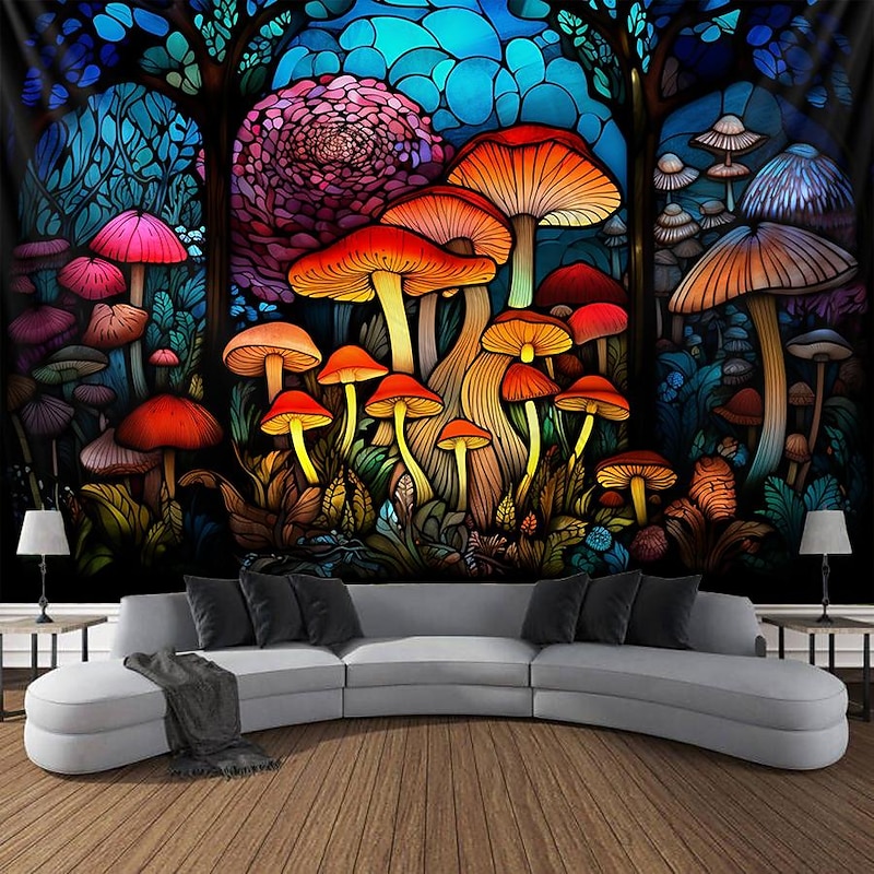 Stained Glass Mushroom Hanging Tapestry Wall Art Large Tapestry Mural Decor Photograph Backdrop Blanket Curtain Home Bedroom Living Room Decoration2
