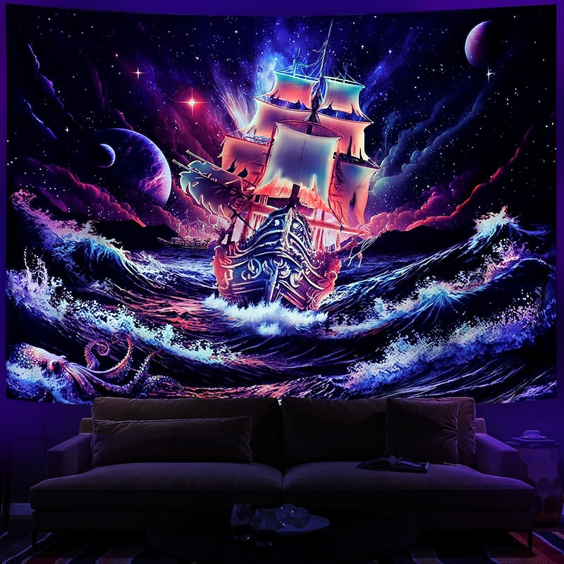 Blacklight Tapestry UV Reactive Glow in the Dark Glow Party Neon Psychedelic Trippy Misty Hanging Tapestry Wall Art Mural for Living Room Bedroom Ocean Wave