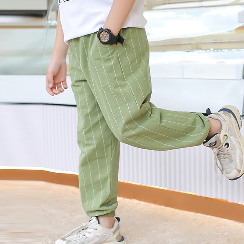 Boys Linen Pants Kids Boys Pants Trousers Pocket Stripe Breathable Comfort Pants Outdoor Fashion Daily Basic Black White Dark Green Mid Waist2